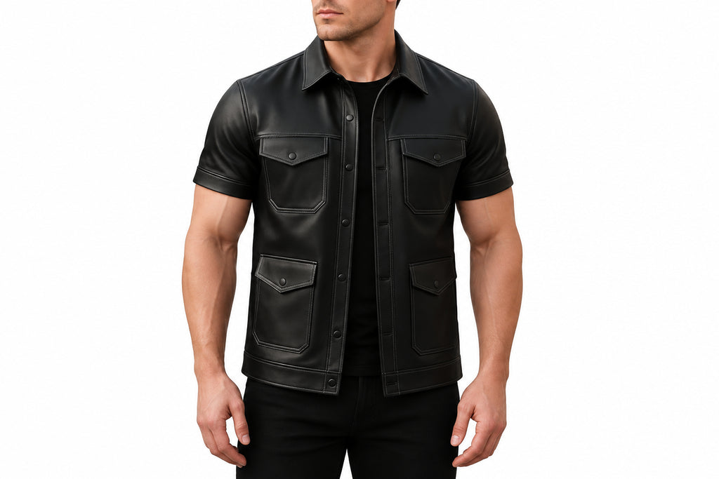 Side view of a man wearing the black short-sleeve Rogue Edge Lambskin Modern Luxe Bomber Jacket featuring a shirt collar and utility pockets.