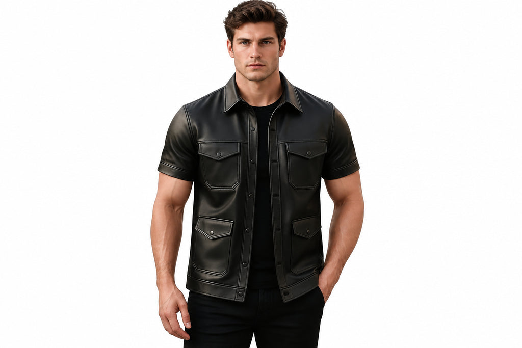 Front view of a man wearing the black short-sleeve Rogue Edge Lambskin Modern Luxe Bomber Jacket featuring a shirt collar and utility pockets.