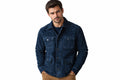 Front view of a man wearing the navy blue Rogue Mantle Monarch Elite Suede Jackets featuring a shirt collar, button closure, and utility flap pockets.