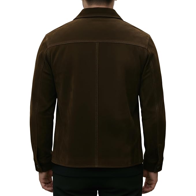 Back view of a man wearing the jet brown Rogue Pelt Jet Brown Suede Leather Jacket featuring a shirt collar, button closure, and chest flap pockets.
