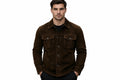 Front view of a man wearing the jet brown Rogue Pelt Jet Brown Suede Leather Jacket featuring a shirt collar, button closure, and chest flap pockets.