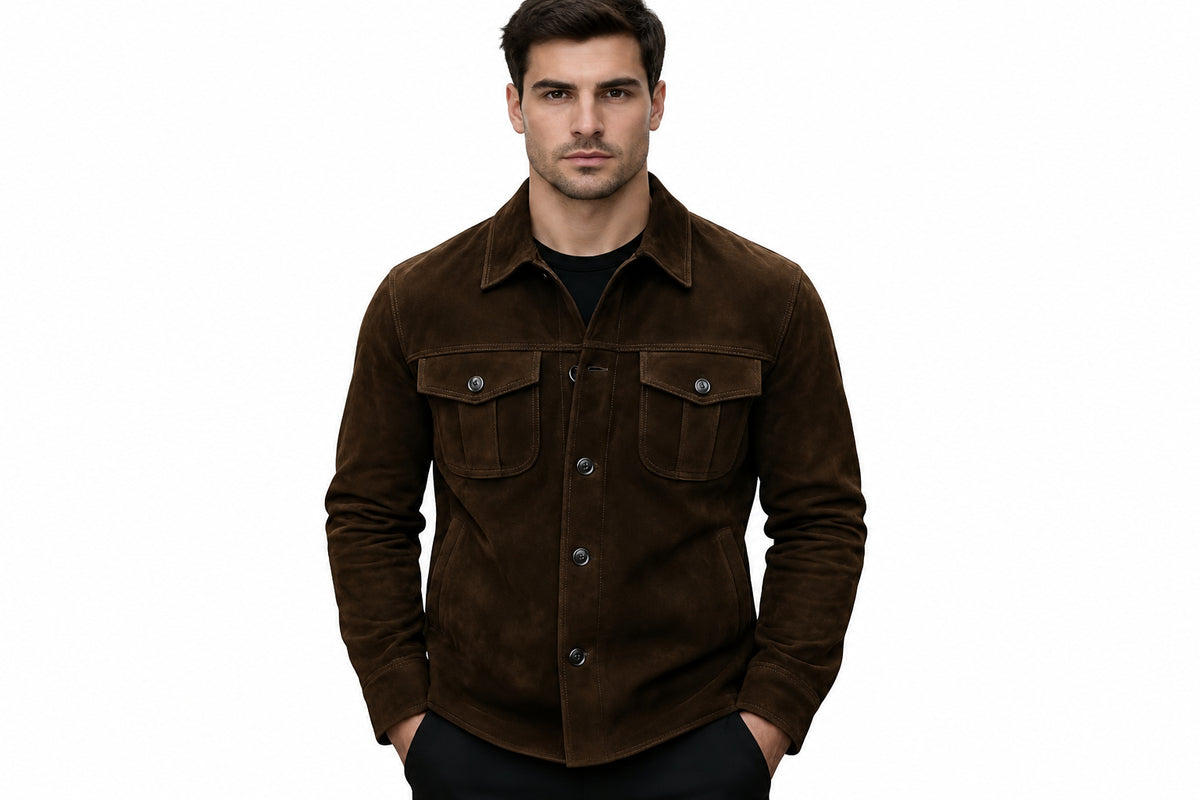 Front view of a man wearing the jet brown Rogue Pelt Jet Brown Suede Leather Jacket featuring a shirt collar, button closure, and chest flap pockets.