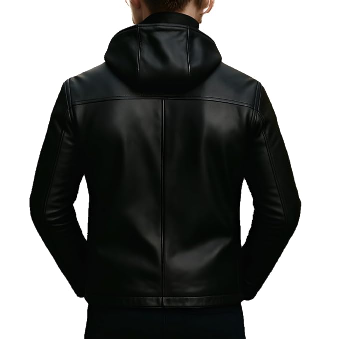 Back view of a man wearing the black Rogue Rider Jet Black Mens Nappa Lambskin Leather Racer Jacket featuring an attached hood and quilted shoulders.