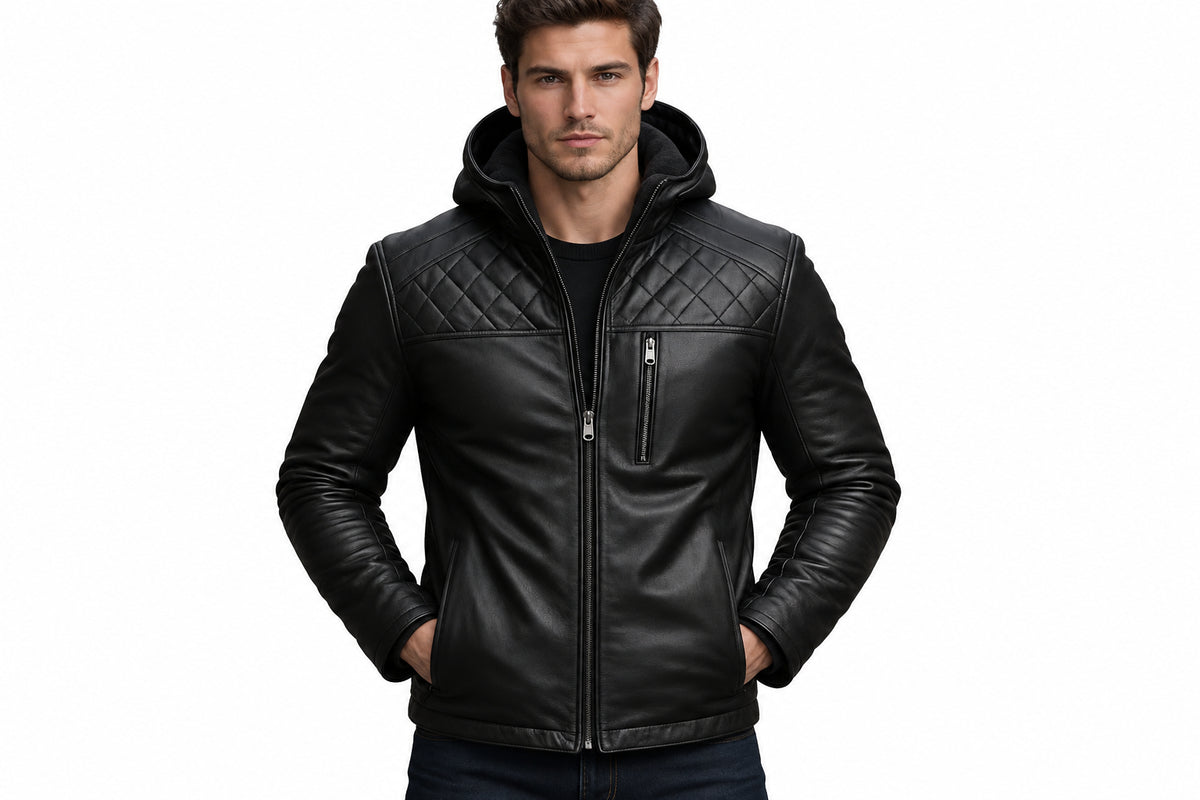 Front view of a man wearing the black Rogue Rider Jet Black Mens Nappa Lambskin Leather Racer Jacket featuring an attached hood and quilted shoulders.