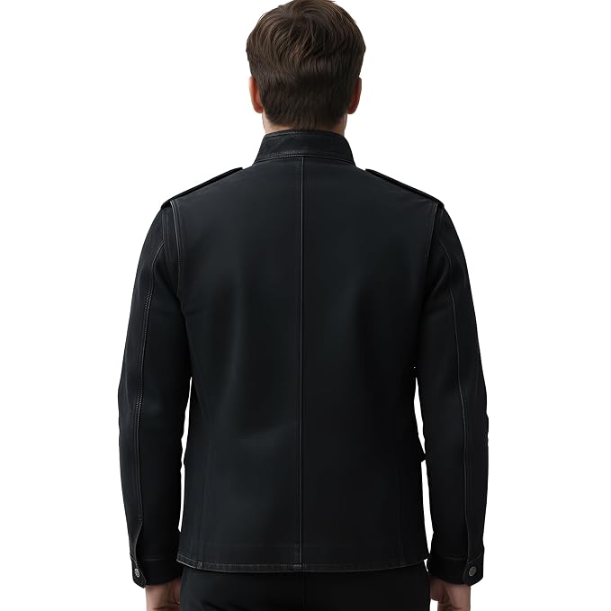 Back view of a man wearing the black Rogue Steel Monarch Mens Suede Leather Jacket featuring a stand collar, button closure, and utility flap pockets.