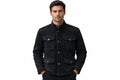 Front view of a man wearing the black Rogue Steel Monarch Mens Suede Leather Jacket featuring a stand collar, button closure, and utility flap pockets.