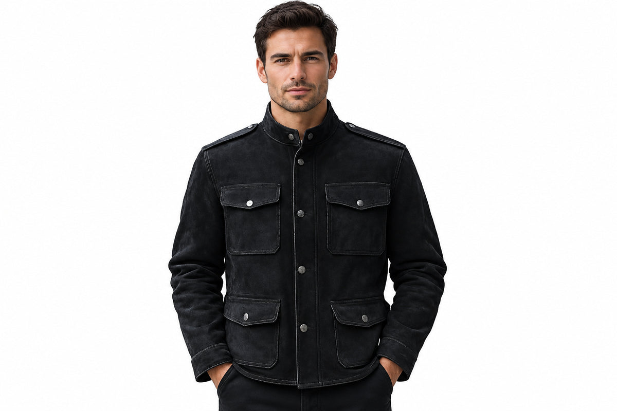 Front view of a man wearing the black Rogue Steel Monarch Mens Suede Leather Jacket featuring a stand collar, button closure, and utility flap pockets.