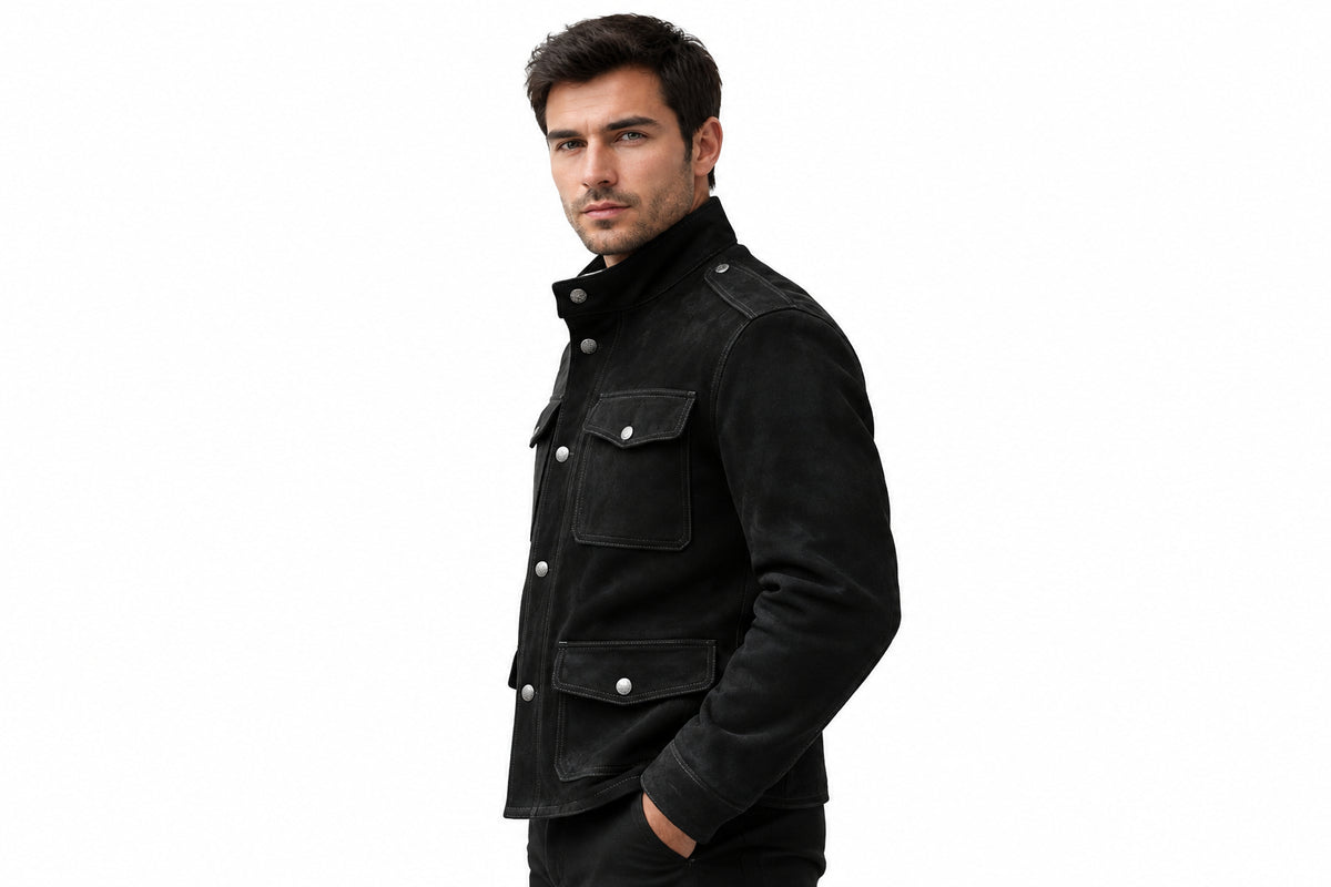 Side view of a man wearing the black Rogue Steel Monarch Mens Suede Leather Jacket featuring a stand collar, button closure, and utility flap pockets.