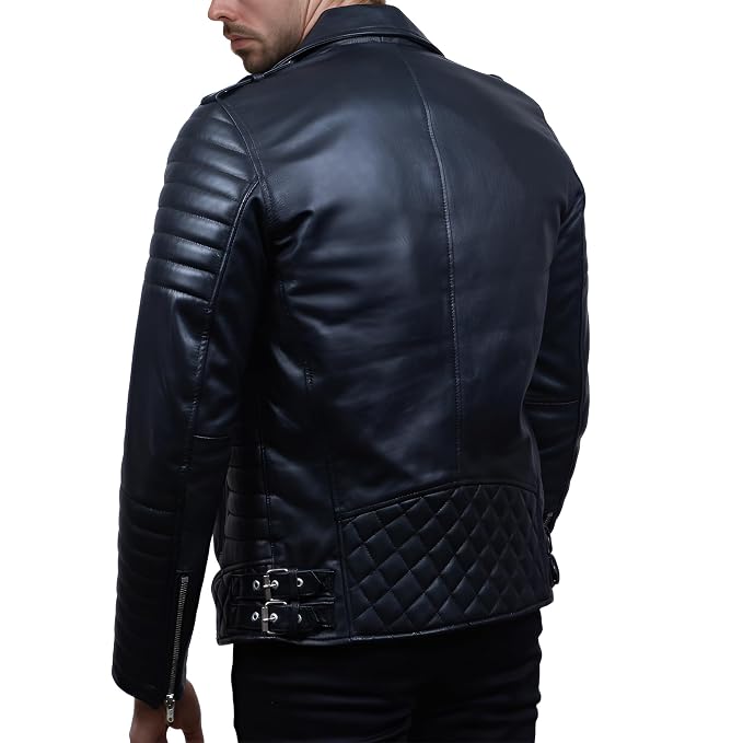 Back view of a man wearing the black Rogue Throttle Slim Fit Leather Biker Jacket featuring an asymmetrical zip and quilted sleeves.