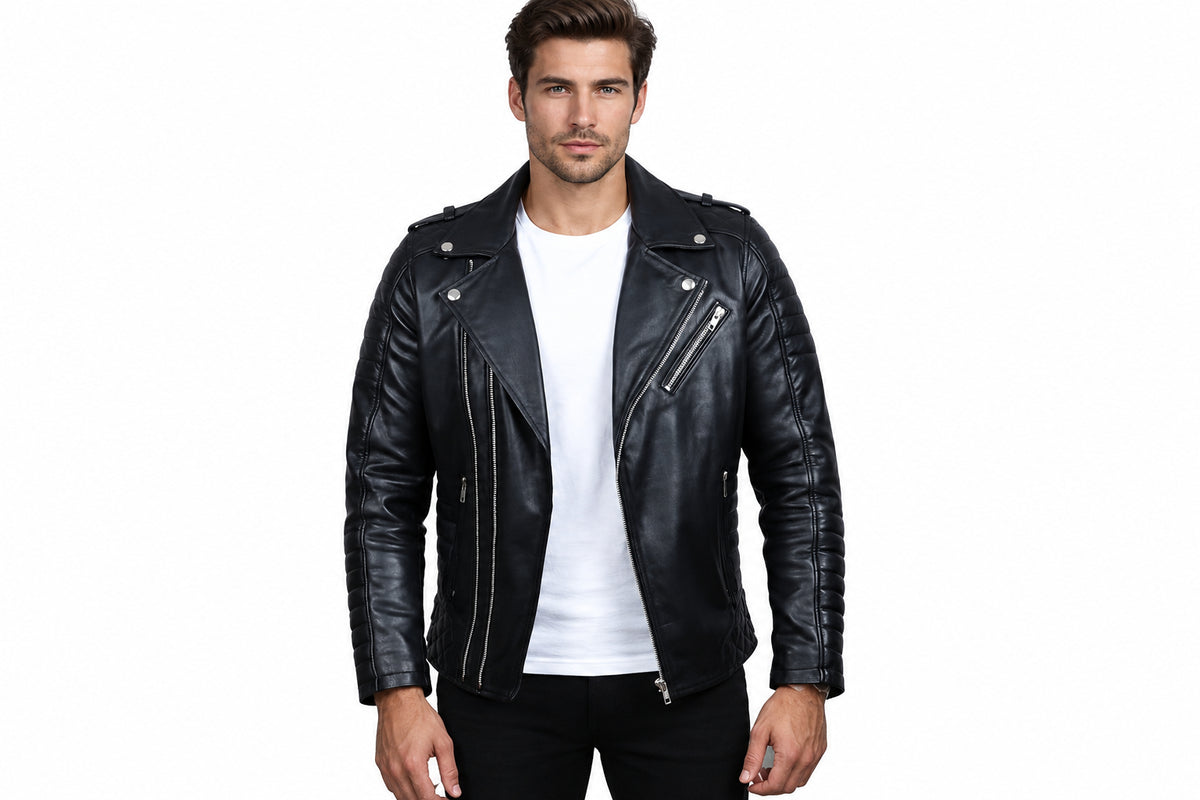 Front view of a man wearing the black Rogue Throttle Slim Fit Leather Biker Jacket featuring an asymmetrical zip and quilted sleeves.