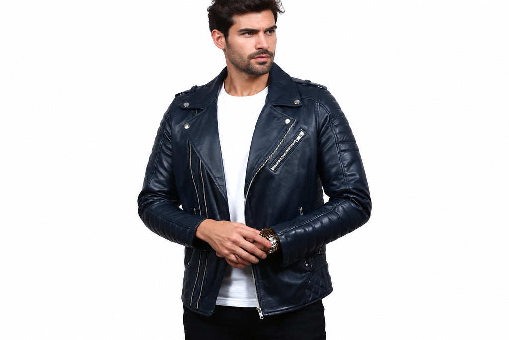 Side view of a man wearing the black Rogue Throttle Slim Fit Leather Biker Jacket featuring an asymmetrical zip and quilted sleeves.