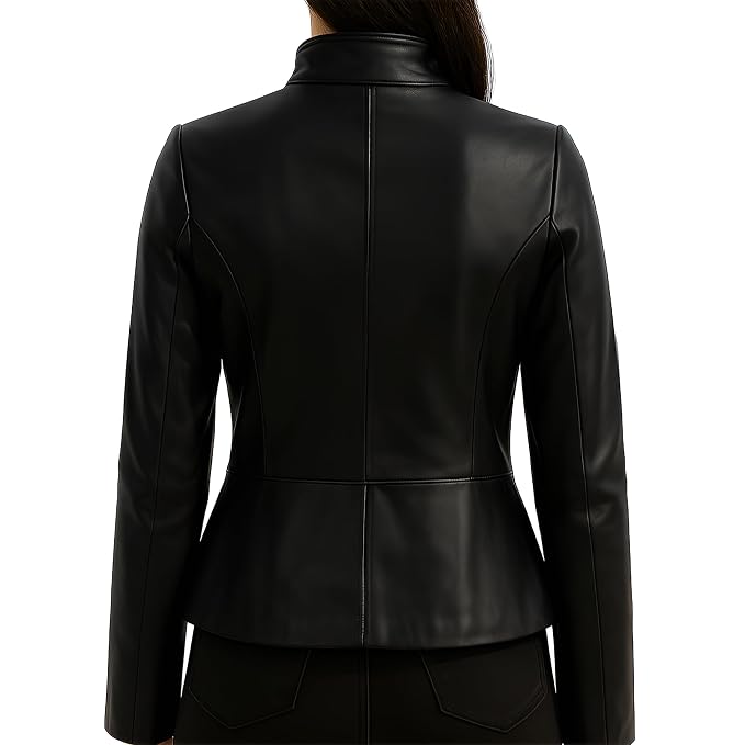 Roguecrest women's jet black genuine lambskin real leather moto jacket featuring an upright stand collar, five-button front closure, contoured princess seams, curved peplum flared hem, full sleeves, and custom made-to-measure fitting across the UK, USA, and Australia.back