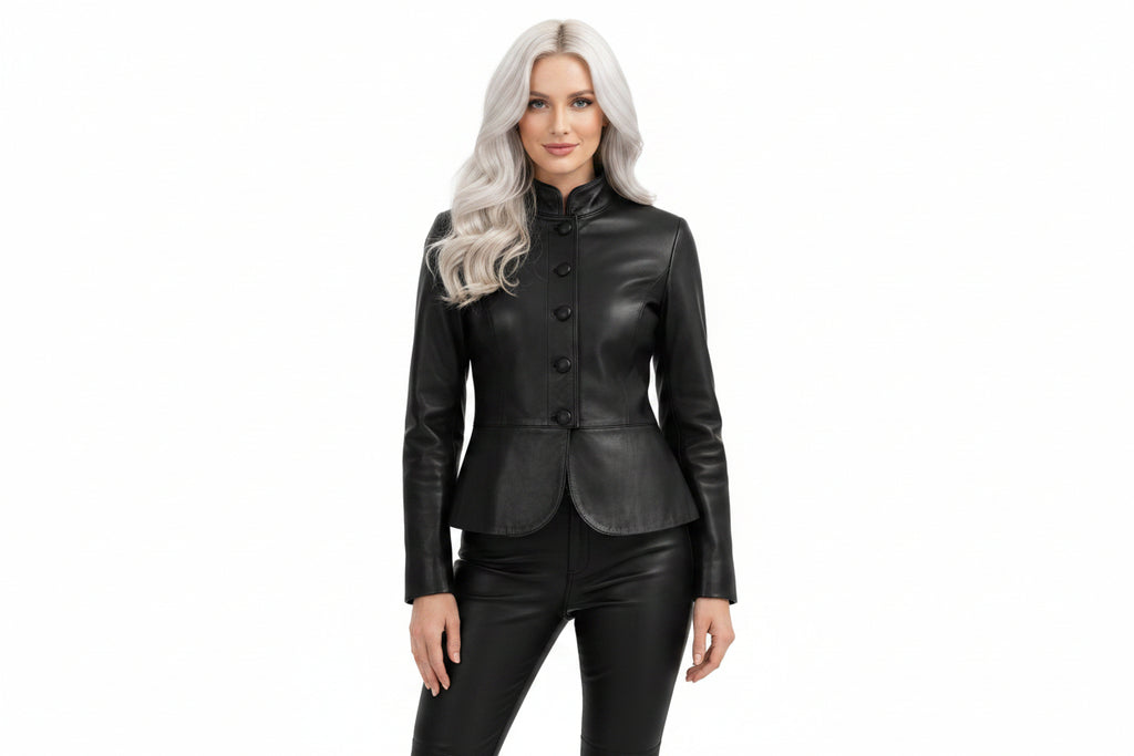 Roguecrest women's jet black genuine lambskin real leather moto jacket featuring an upright stand collar, five-button front closure, contoured princess seams, curved peplum flared hem, full sleeves, and custom made-to-measure fitting across the UK, USA, and Australia.