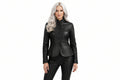 Roguecrest women's jet black genuine lambskin real leather moto jacket featuring an upright stand collar, five-button front closure, contoured princess seams, curved peplum flared hem, full sleeves, and custom made-to-measure fitting across the UK, USA, and Australia.
