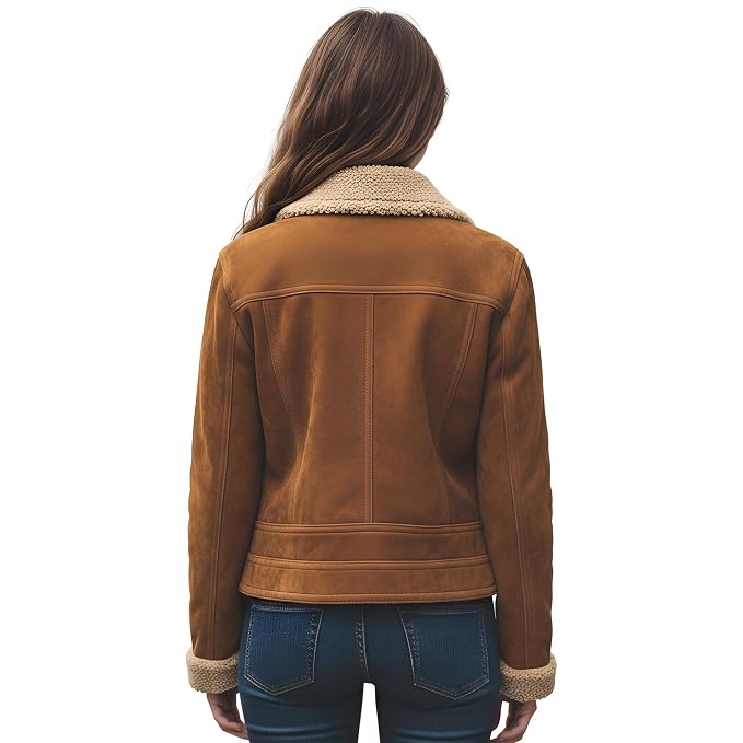 Rogueform women's vintage tan genuine suede real leather tailored aviator jacket featuring a plush cream shearling fleece collar, turned-back shearling cuffs, dual chest flap pockets, zipper closure, and custom made-to-measure fitting across the UK, USA, and Australia.back