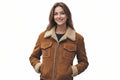 Rogueform women's vintage tan genuine suede real leather tailored aviator jacket featuring a plush cream shearling fleece collar, turned-back shearling cuffs, dual chest flap pockets, zipper closure, and custom made-to-measure fitting across the UK, USA, and Australia.