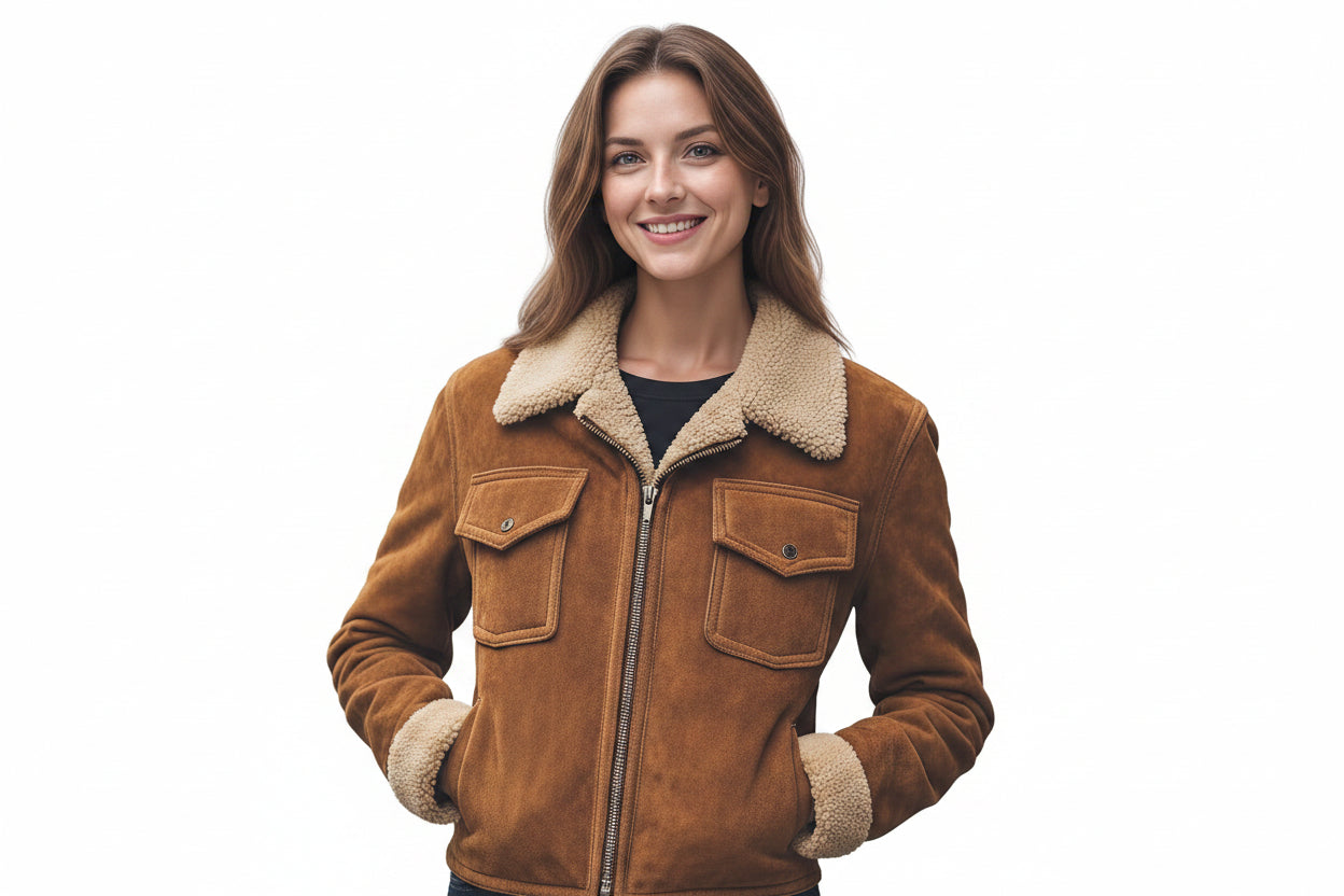 Rogueform women's vintage tan genuine suede real leather tailored aviator jacket featuring a plush cream shearling fleece collar, turned-back shearling cuffs, dual chest flap pockets, zipper closure, and custom made-to-measure fitting across the UK, USA, and Australia.