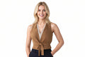 Rose Monarch women's camel tan genuine suede leather slim fit vest featuring a collarless deep V-neckline, integrated front self-tie waist sash, tailored princess seams, short waistcoat hem, and custom made-to-measure fitting across the UK, USA, and Australia.