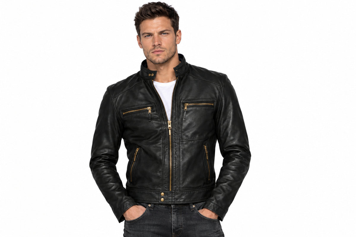 Front view of a man wearing the black Royal Full-Grain Biker Jacket featuring a snap-tab collar and zippered pockets.