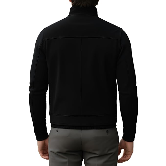 Back view of a man wearing the black Royal Stitch Biker Suede Leather Jacket featuring a stand collar, zip closure, and multi-pocket utility design.   