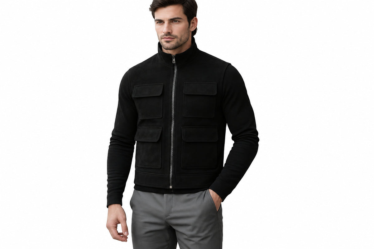 Front view of a man wearing the black Royal Stitch Biker Suede Leather Jacket featuring a stand collar, zip closure, and multi-pocket utility design.