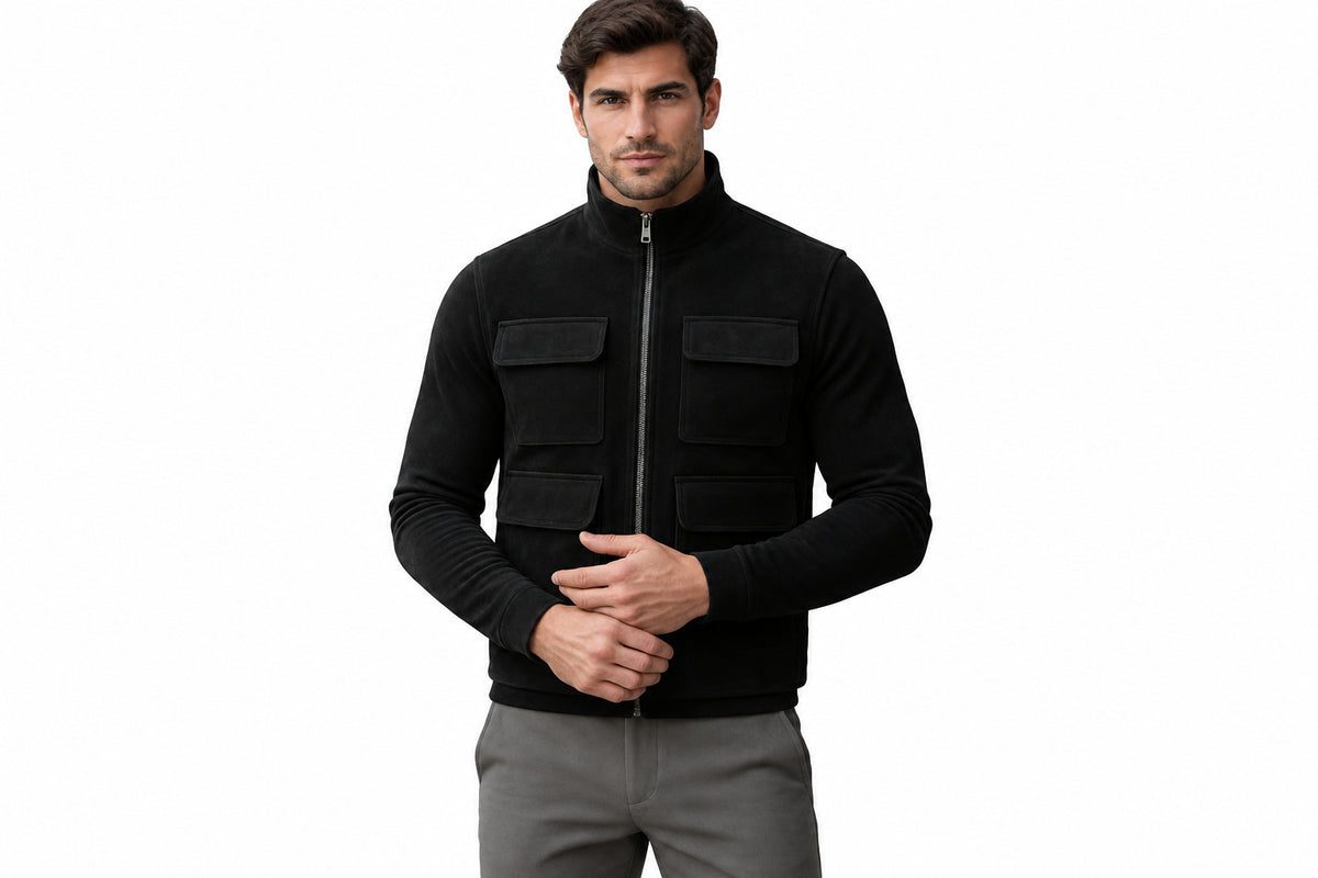Side view of a man wearing the black Royal Stitch Biker Suede Leather Jacket featuring a stand collar, zip closure, and multi-pocket utility design.   