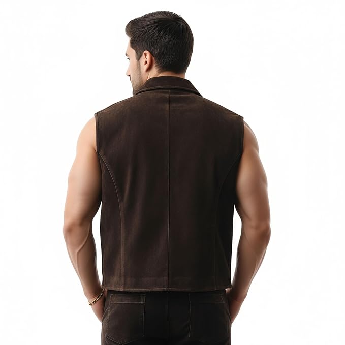 Rugged Grain Luxury Designer Suede Men’s Leather Vest back – premium luxury designer suede leather vest for men by Urbanhides, featuring rugged grain texture and sophisticated styling.