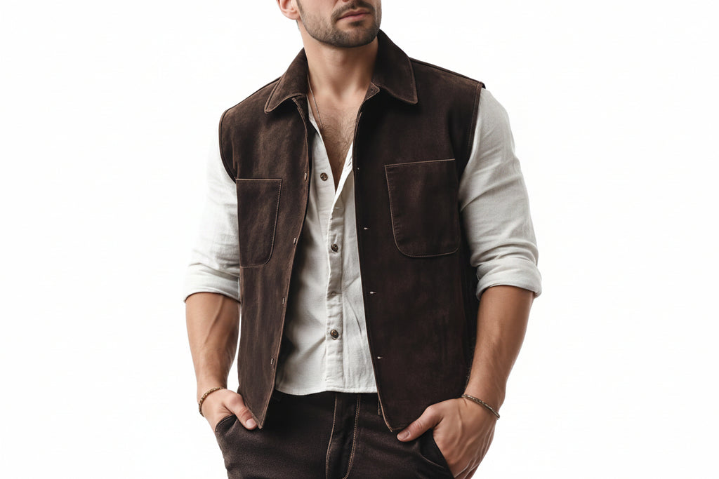 Rugged Grain Luxury Designer Suede Men’s Leather Vest – premium luxury designer suede leather vest for men by Urbanhides, featuring rugged grain texture and sophisticated styling.