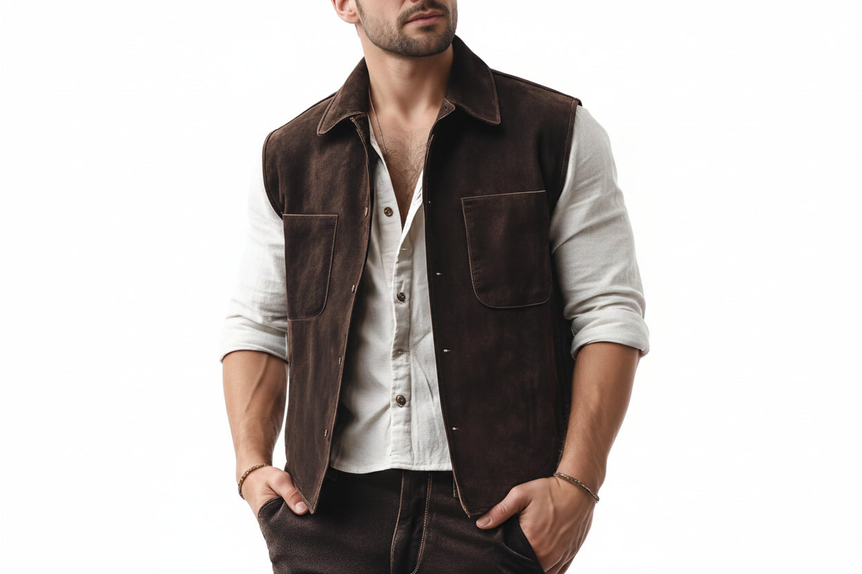 Rugged Grain Luxury Designer Suede Men’s Leather Vest – premium luxury designer suede leather vest for men by Urbanhides, featuring rugged grain texture and sophisticated styling.