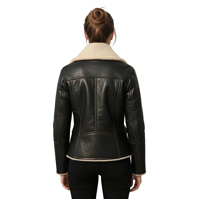 Rustedmark women's dark black genuine soft lambskin real leather jacket featuring a plush cream shearling fleece oversized lapel collar, asymmetrical zip closure, dual front flap pockets, shearling-trimmed cuffs and hem, and custom made-to-measure fitting across the UK, USA, and Australia.back
