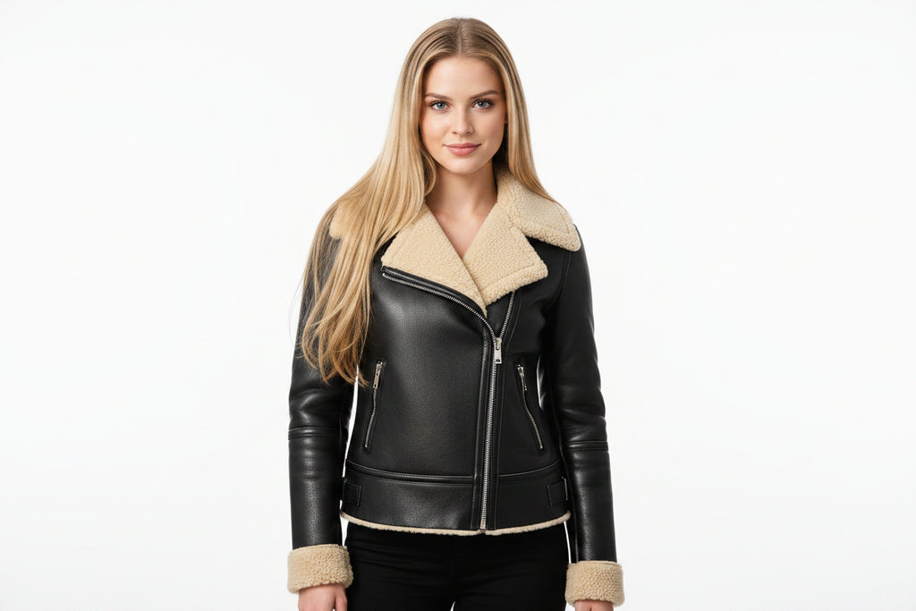 Rustedmark women's dark black genuine soft lambskin real leather jacket featuring a plush cream shearling fleece oversized lapel collar, asymmetrical zip closure, dual front flap pockets, shearling-trimmed cuffs and hem, and custom made-to-measure fitting across the UK, USA, and Australia.