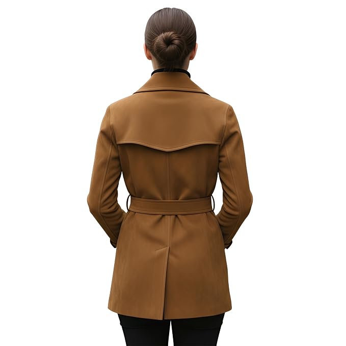 Sable Vogue women's tobacco tan genuine suede leather designer winter coat featuring broad notched lapels, double-breasted button front, shoulder epaulettes, buckle-fastened waist belt, side welt pockets, adjustable cuff straps, and custom made-to-measure fitting across the UK, USA, and Australia.back