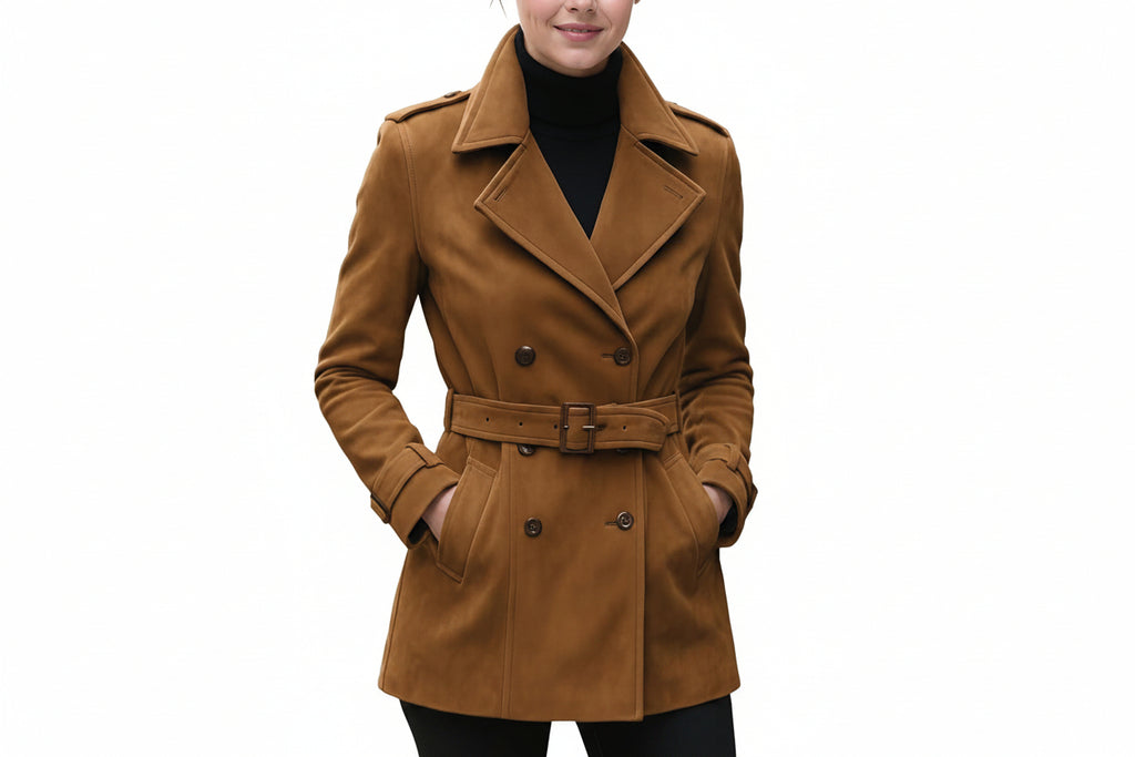 Sable Vogue women's tobacco tan genuine suede leather designer winter coat featuring broad notched lapels, double-breasted button front, shoulder epaulettes, buckle-fastened waist belt, side welt pockets, adjustable cuff straps, and custom made-to-measure fitting across the UK, USA, and Australia.