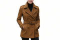 Sable Vogue women's tobacco tan genuine suede leather designer winter coat featuring broad notched lapels, double-breasted button front, shoulder epaulettes, buckle-fastened waist belt, side welt pockets, adjustable cuff straps, and custom made-to-measure fitting across the UK, USA, and Australia.