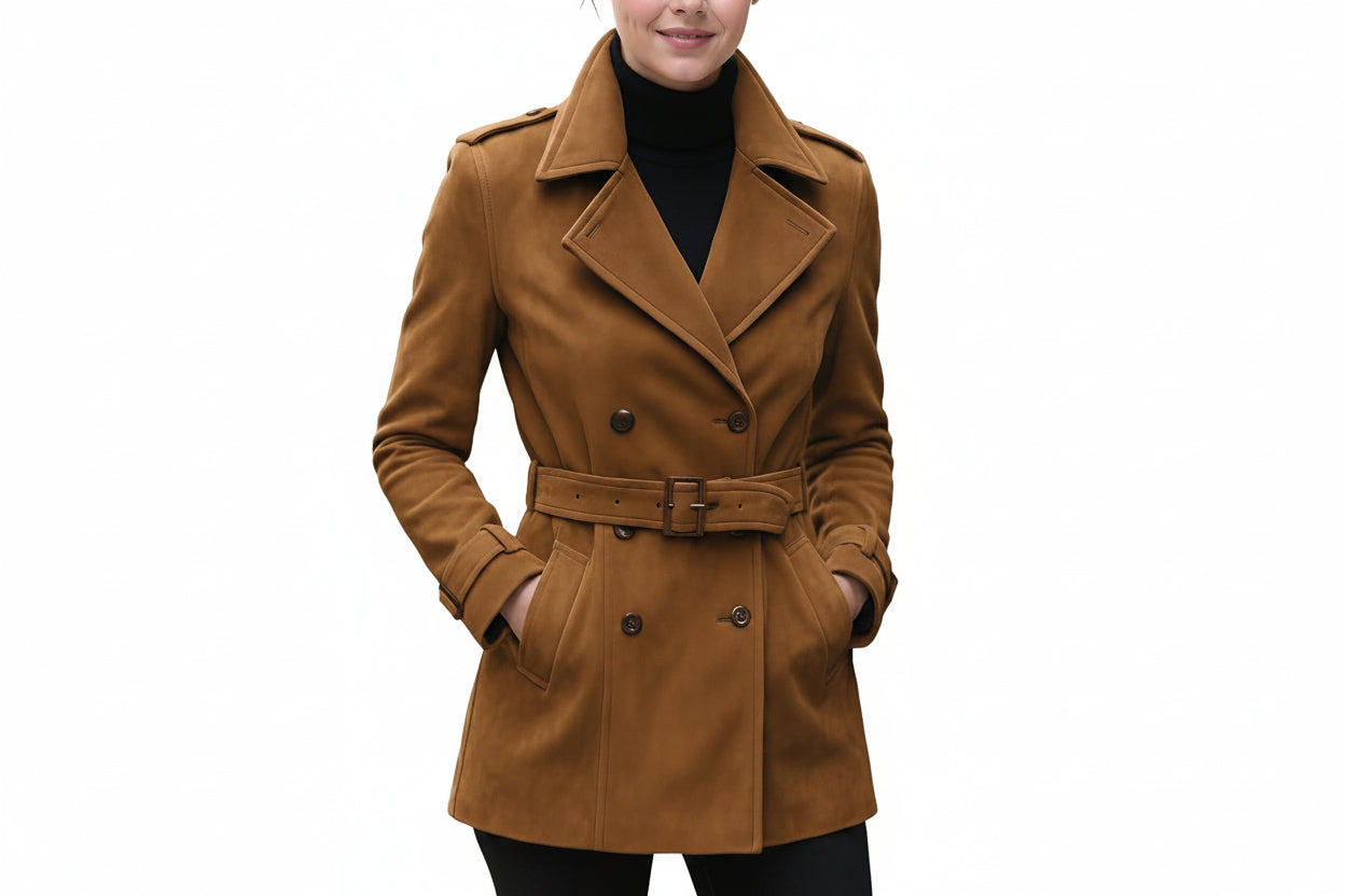 Sable Vogue women's tobacco tan genuine suede leather designer winter coat featuring broad notched lapels, double-breasted button front, shoulder epaulettes, buckle-fastened waist belt, side welt pockets, adjustable cuff straps, and custom made-to-measure fitting across the UK, USA, and Australia.