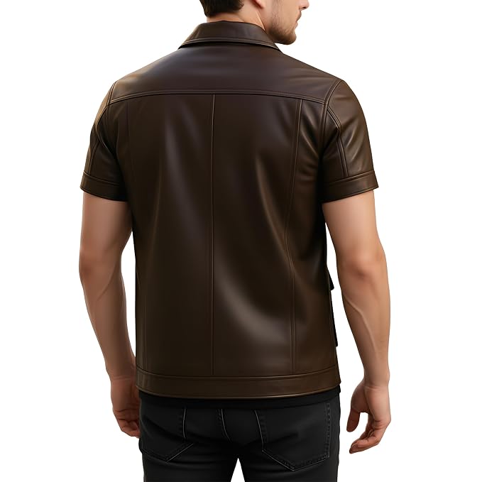 Back view of a man wearing the brown short-sleeve Savage Forge Iconic Lambskin Runway Leather Jacket featuring a shirt collar and utility pockets.