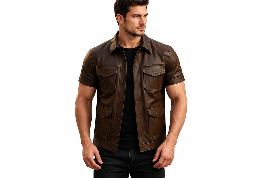 Front view of a man wearing the brown short-sleeve Savage Forge Iconic Lambskin Runway Leather Jacket featuring a shirt collar and utility pockets.