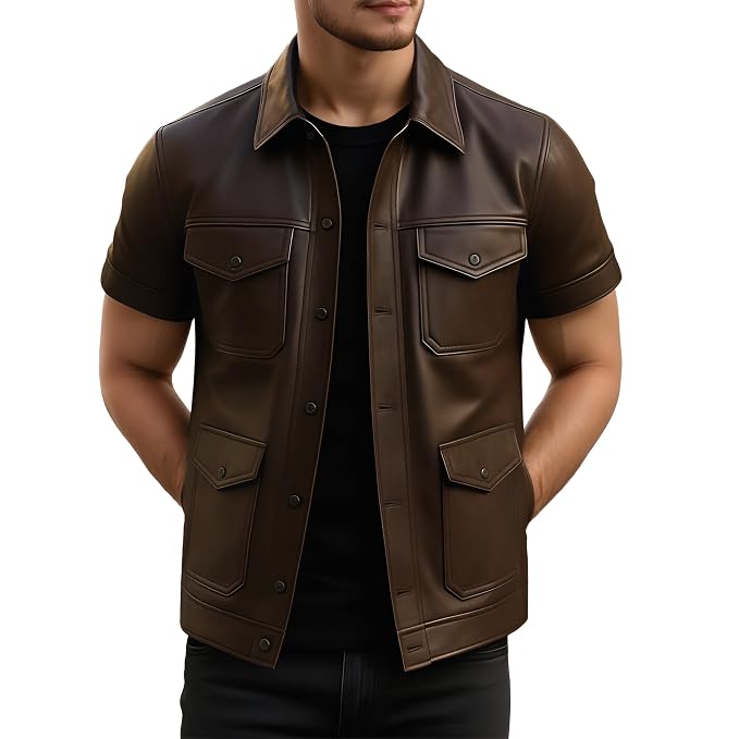 Side view of a man wearing the brown short-sleeve Savage Forge Iconic Lambskin Runway Leather Jacket featuring a shirt collar and utility pockets.