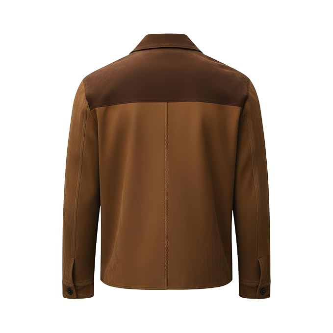 Back view of a man wearing the brown and tan Savage Gear Slim Fit Suede Leather Jacket featuring a shirt collar, button closure, and flap pockets.