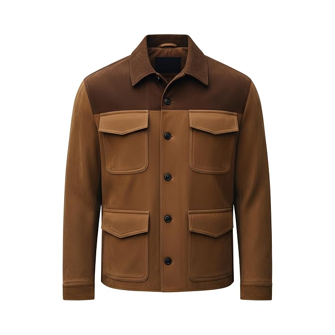 Front view of a man wearing the brown and tan Savage Gear Slim Fit Suede Leather Jacket featuring a shirt collar, button closure, and flap pockets.