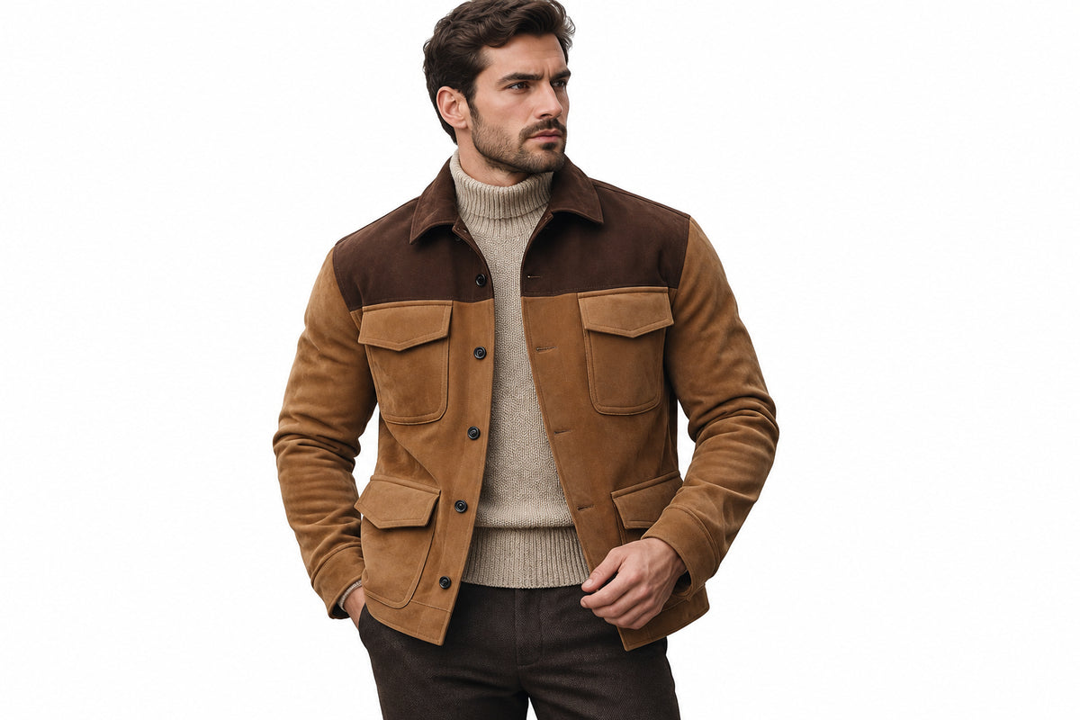 Side view of a man wearing the brown and tan Savage Gear Slim Fit Suede Leather Jacket featuring a shirt collar, button closure, and flap pockets.