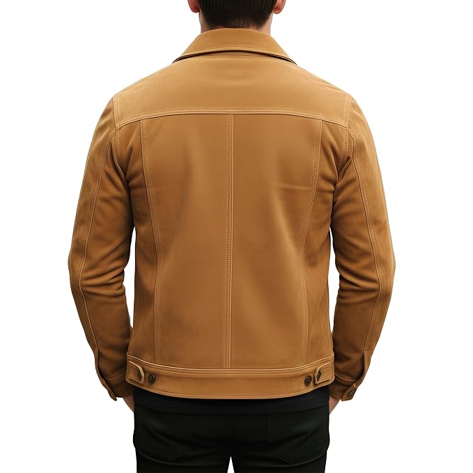 Back view of a man wearing the desert tan Savage Hide Desert Tan Suede Leather Jacket featuring dual chest pockets and a shirt collar