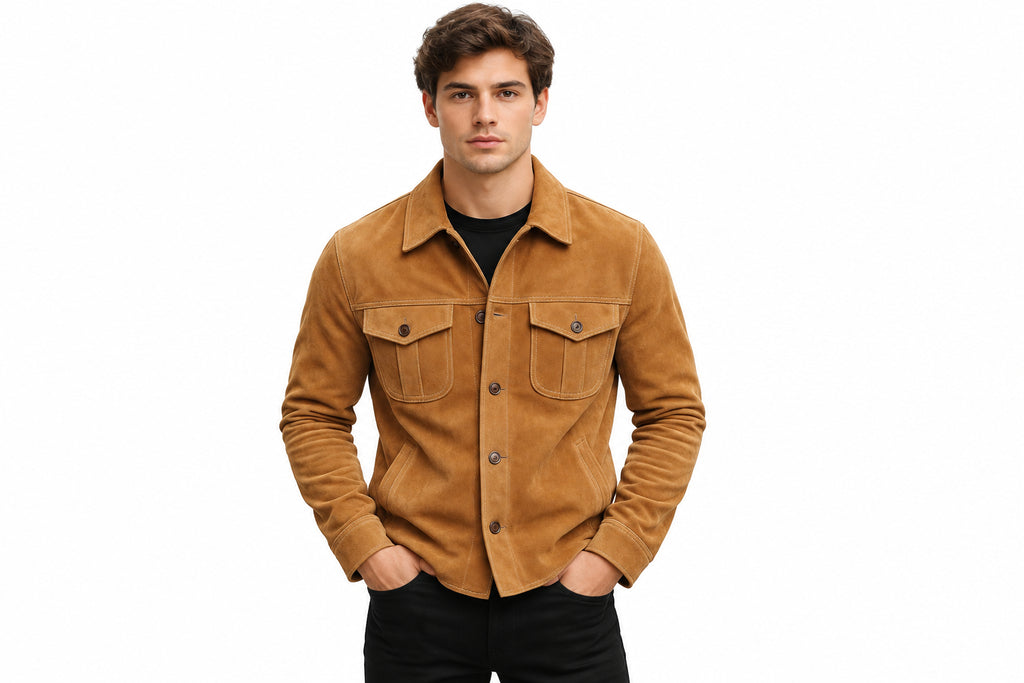 Front view of a man wearing the desert tan Savage Hide Desert Tan Suede Leather Jacket featuring dual chest pockets and a shirt collar