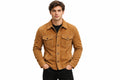 Front view of a man wearing the desert tan Savage Hide Desert Tan Suede Leather Jacket featuring dual chest pockets and a shirt collar
