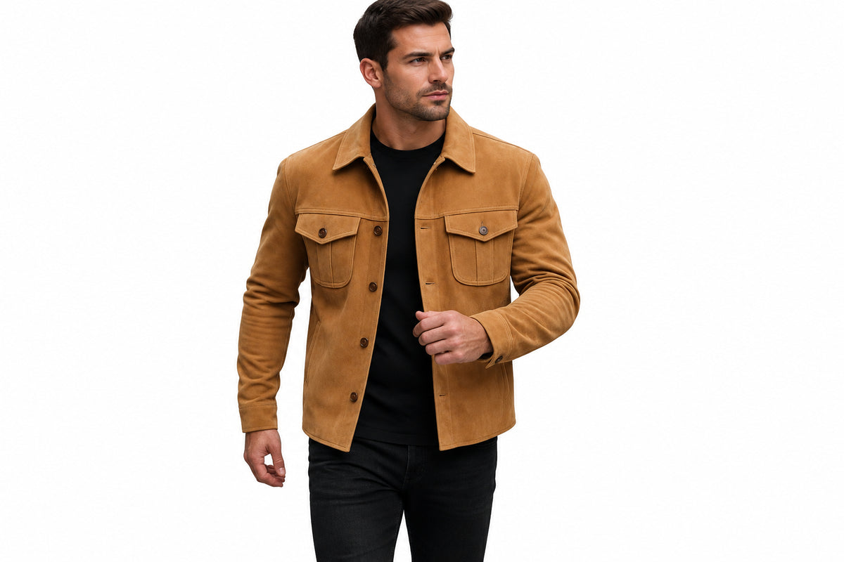 Side view of a man wearing the desert tan Savage Hide Desert Tan Suede Leather Jacket featuring dual chest pockets and a shirt collar