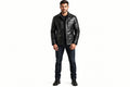 Front view of a man wearing the charcoal Savage Trail Charcoal Mens Lambskin Leather Slim Jacket featuring multiple utility pockets and a shirt collar.