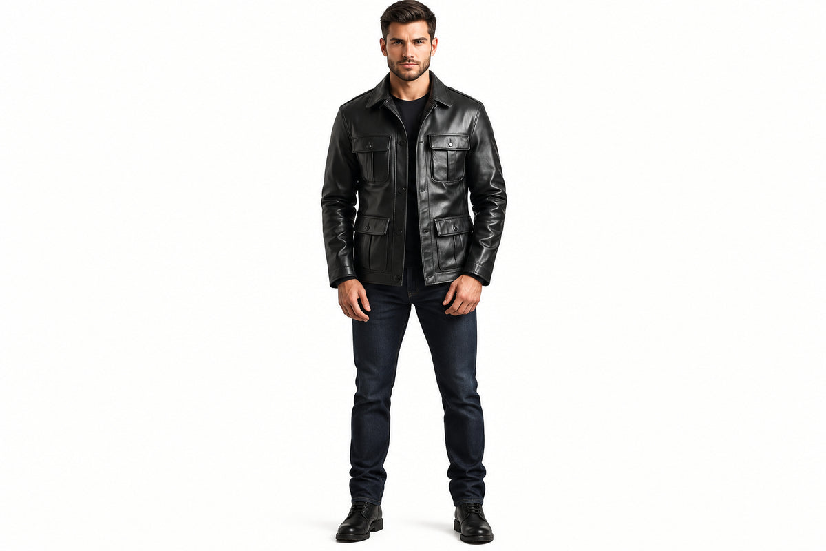 Front view of a man wearing the charcoal Savage Trail Charcoal Mens Lambskin Leather Slim Jacket featuring multiple utility pockets and a shirt collar.