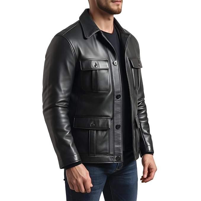 Side view of a man wearing the charcoal Savage Trail Charcoal Mens Lambskin Leather Slim Jacket featuring multiple utility pockets and a shirt collar.