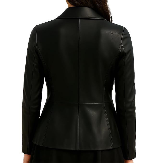 Savageform women's black genuine soft lambskin real leather designer jacket featuring a tiered peplum waist, asymmetrical zip closure, structured wide notch lapels, sleek fitted long sleeves, and custom made-to-measure fitting across the UK, USA, and Australia.back