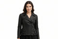 Savageform women's black genuine soft lambskin real leather designer jacket featuring a tiered peplum waist, asymmetrical zip closure, structured wide notch lapels, sleek fitted long sleeves, and custom made-to-measure fitting across the UK, USA, and Australia.